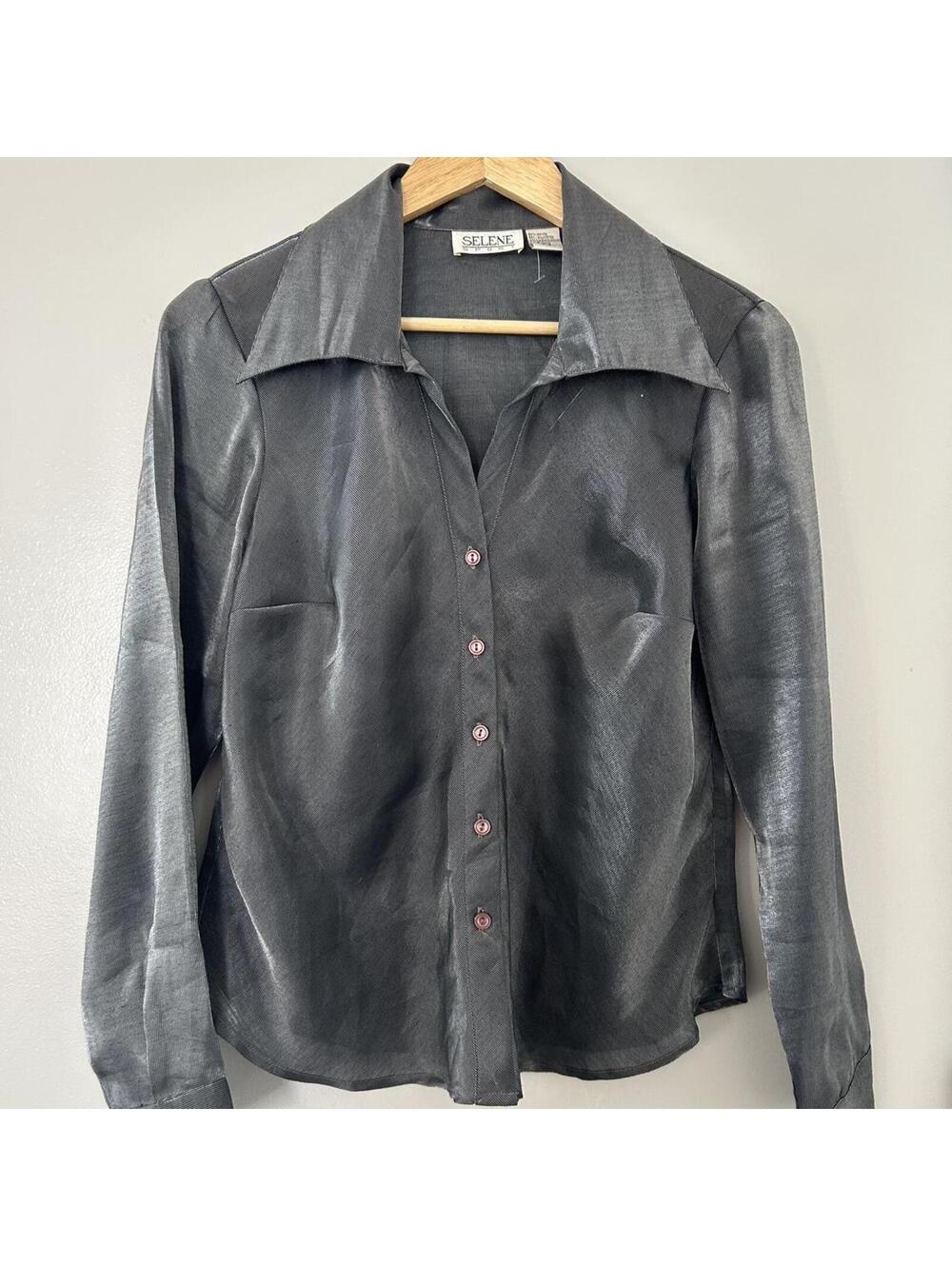 2000s black mesh-like button up shirt with a collar
